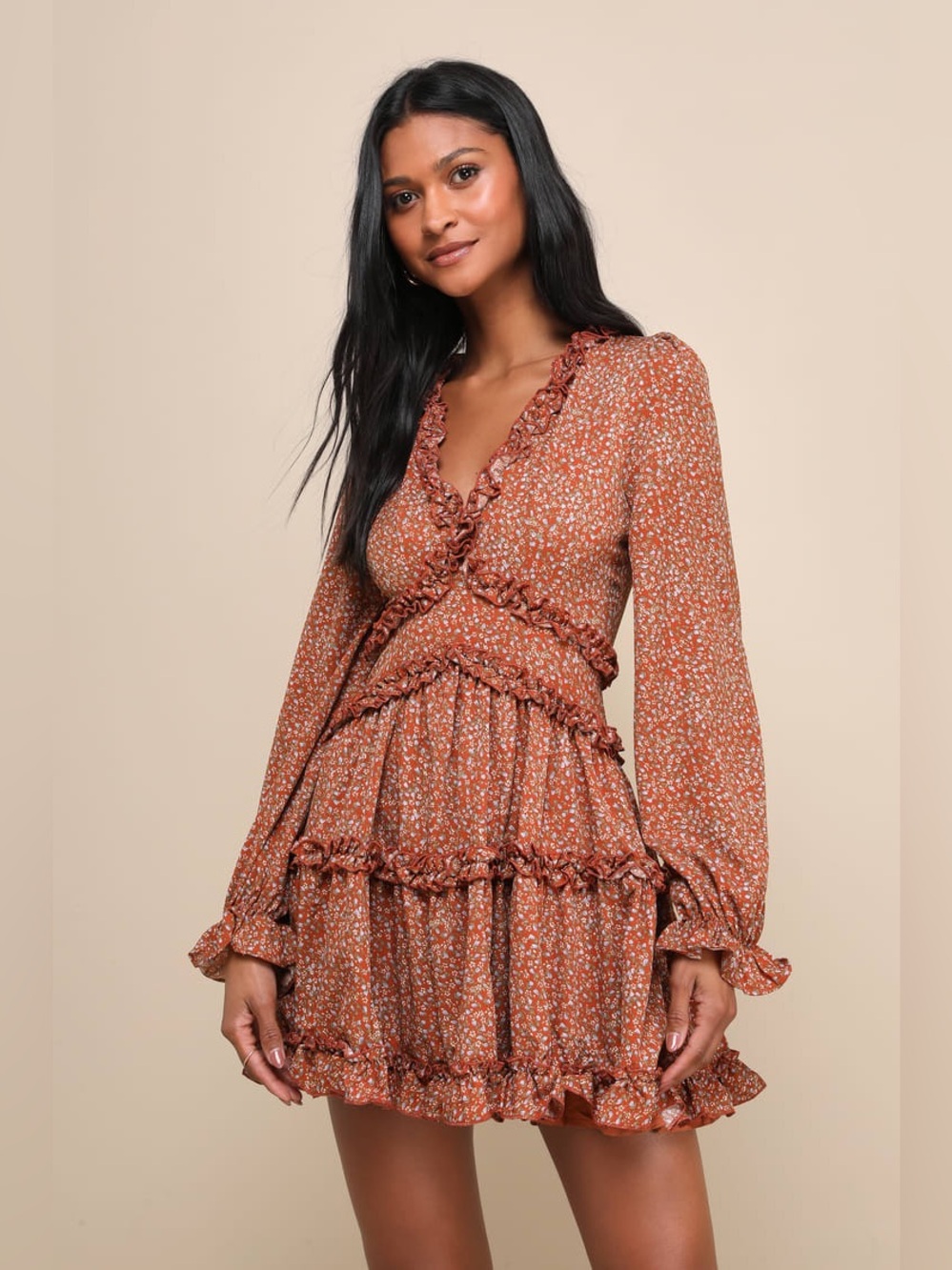 Lulu's Admire You Orange Floral Print Ruffled Long Sleeve Mini Dress